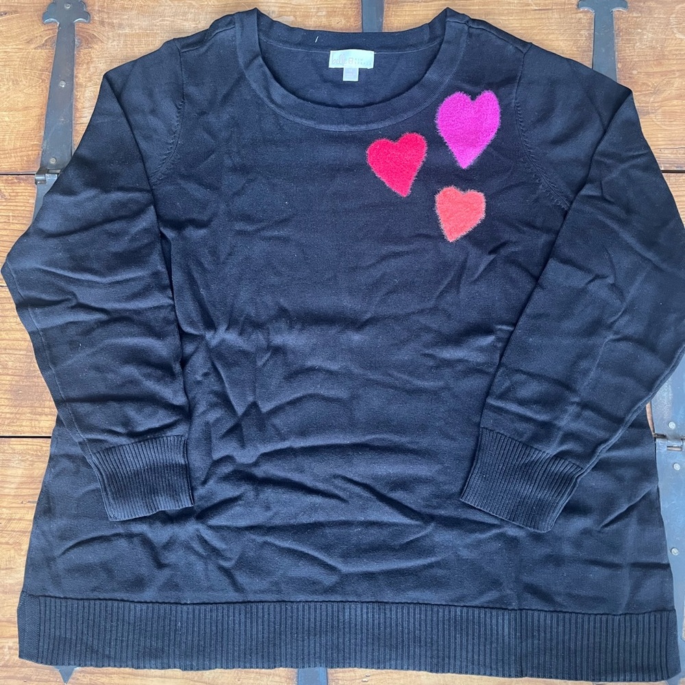 Black Sweater with Pink & Red‎ Heart Appliqués - Women